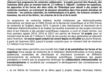 La Fédération Wallonie-Bruxelles et le Québec à nouveau main dans la main pour une recherche porteuse d’impacts